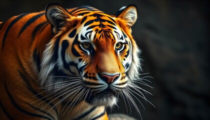 Obraz premium Close-up of strong Siberian tiger displaying vivid orange fur and dark stripes in a natural habitat
