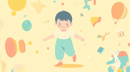 Fototapeta premium Baby Learning to Walk in a Joyful Pose Surrounded by Encouragement