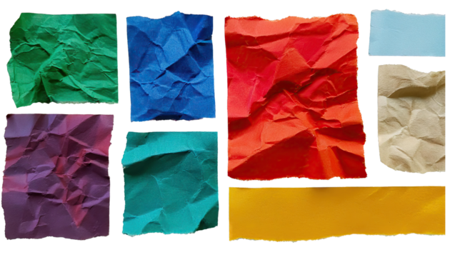 many colors wrinkle scrunch torn strips pieces paper isolated on transparent background
