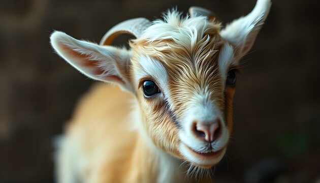 Close-up of tiny pygmy goat with soft fur and bright, curious eyes showcasing its adorable charm
