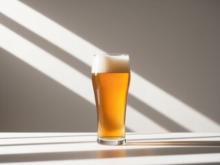 Golden beer in a glass illuminated by soft rays of light.