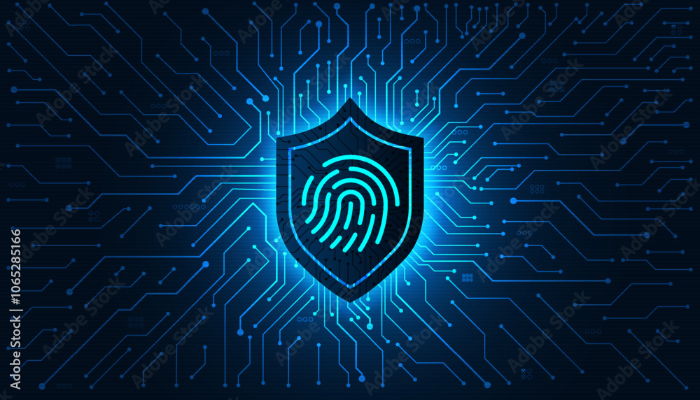 Fototapete fingerprint on shield lock, cyber security vector background, shield lock in futuristic concept of i