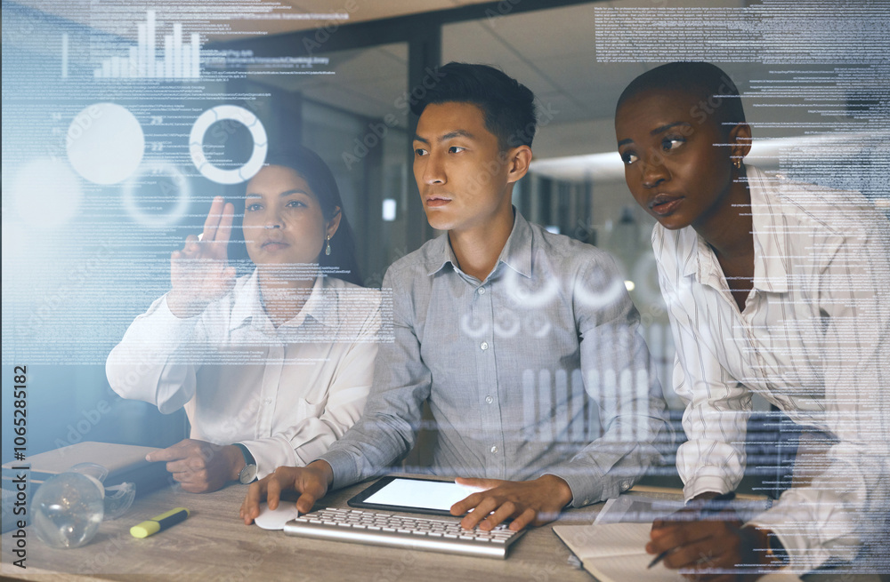 Poster Data, overlay and team of business people in office for problem solving system in future technology. Hologram, man and women working together in programming, code and online metrics at digital agency