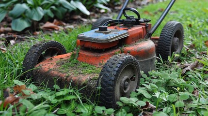 An aged lawn mower rests in a vibrant garden patch, surrounded by lush greenery and nature's beauty. Generative AI