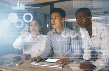 Data, overlay and team of business people in office for problem solving system in future...