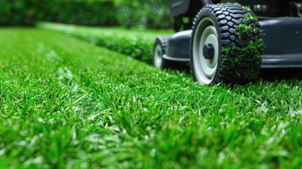 A lush green lawn being trimmed meticulously on a sunny afternoon in a suburban garden with vibrant foliage. Generative AI