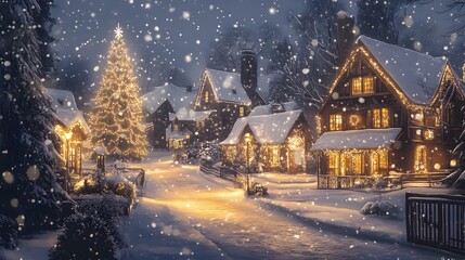 Fototapeta premium A snowy winter village illuminated by festive lights at night.