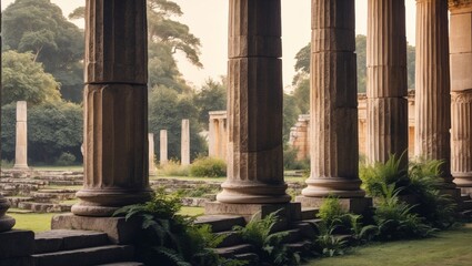 Ancient stone columns in a historical site surrounded by vegetation.