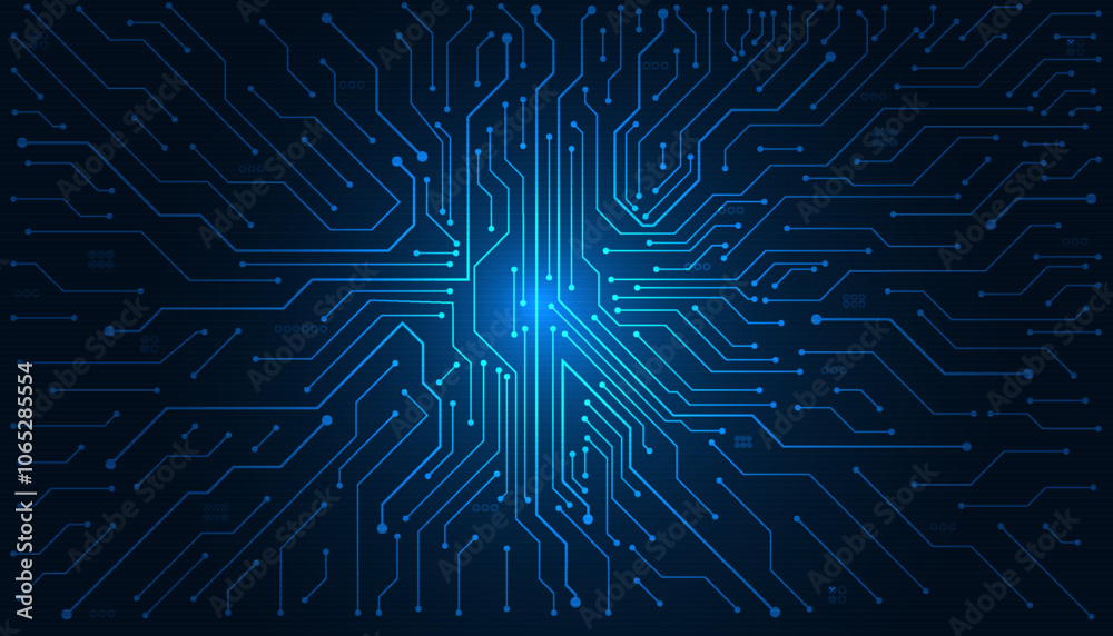 Poster circuit board background. technology connected blue lines with electronics elements on tech backgrou
