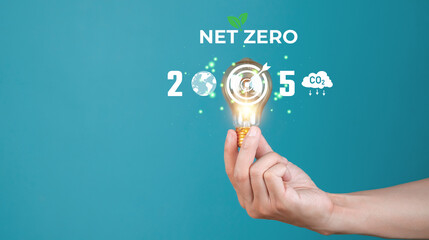 Hand holding a light bulb with green net zero 2050 goal, symbolizing sustainability, innovation, and environmental commitment.