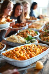 Fototapeta premium Happy Friends Sharing a Delicious Thanksgiving Feast, Festive Gathering Around Table Laden with Food