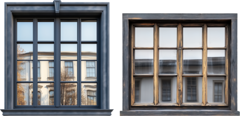 Glass window with reflection of building isolated on transparent background, building PNG