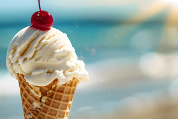 Vanilla ice cream in waffle cone with cherry on top at sunny beach