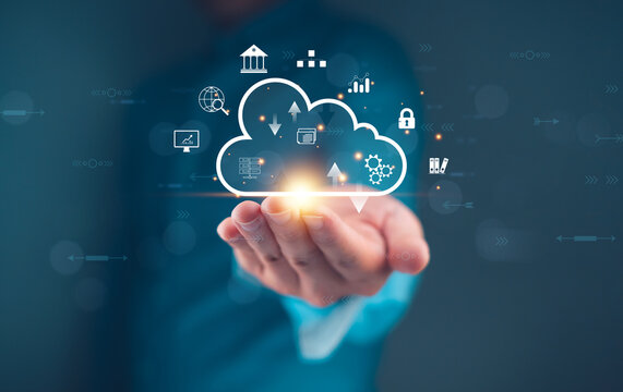 Person holding digital cloud with technology icons representing cloud computing, data storage, and internet services concept.