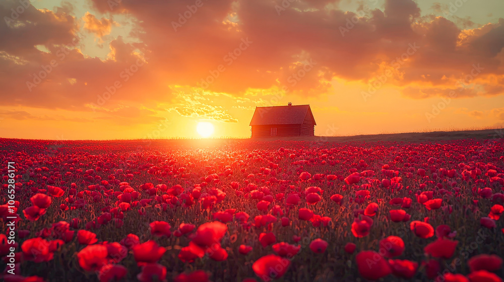 Poster bright red poppies blanket the field as the sun sets behind a quaint house, creating a peaceful and 