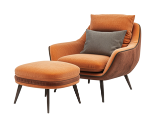 Cozy orange armchair with matching ottoman in modern living room, transparent