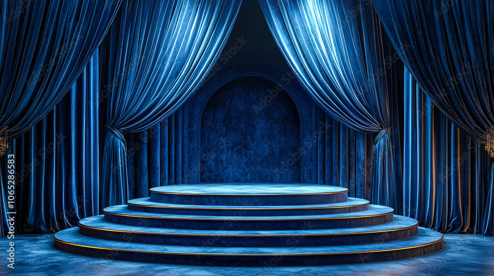 Aufkleber the striking blue stage features luxurious draping and a circular platform, creating an ideal backdr