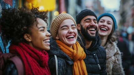 Fototapeta premium Candid Moments: Capture candid moments of laughter and joy among friends and family during their winter walks.