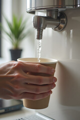 Hand filling eco-friendly cup with water from modern dispenser in kitchen setting