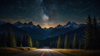 The night sky is filled with stars and the Milky Way galaxy arches across the sky. In the foreground, a winding road winds through a dense forest of towering pine trees toward the mountains.
