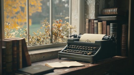 Vintage Typewriter on a Wooden Desk by the Window with Books