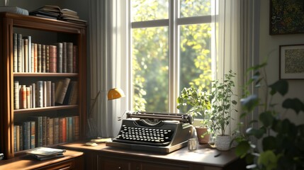 Cozy Study with Vintage Typewriter and Sunlit Window
