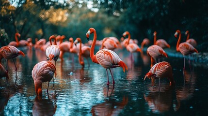 Obraz premium A flock of pink flamingos stand in a shallow body of water, with their reflections visible in the water.