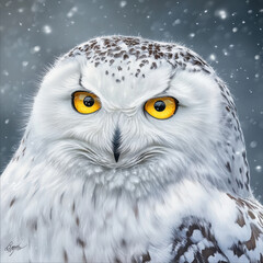 Obraz premium Rare Snowy Owl with Bright Yellow Eyes in Snowy Setting