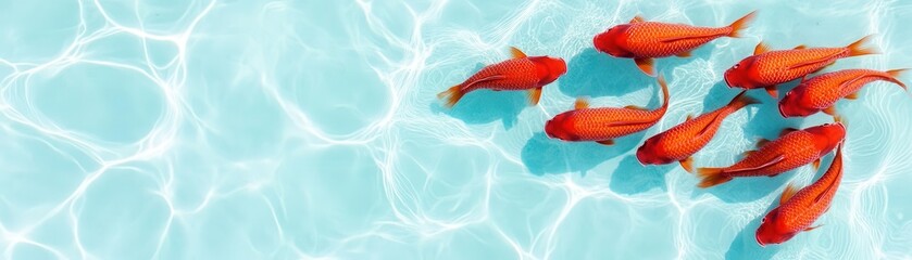 Red goldfish swim in clear blue water.