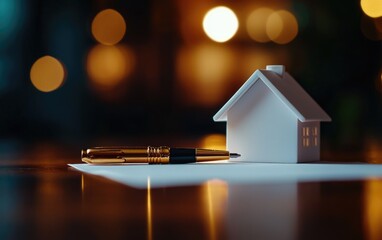 Contract signing with house model, symbolizing ownership, mortgage agreement, property loan