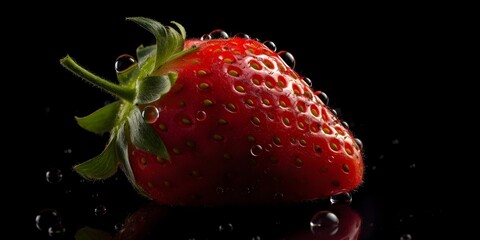 Macro Shot of a Fresh Ripe Strawberry with Water Droplets on Dark Background &ndash; Juicy Red Berry with Leaf, Perfect for Healthy Eating, Vegan, and Natural Food Concepts