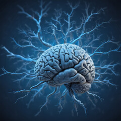 On a blue background humans brain in the form of a bunch of neurons glows