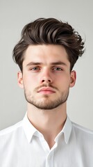 Fototapeta premium A man with a short haircut and a beard is wearing a white shirt