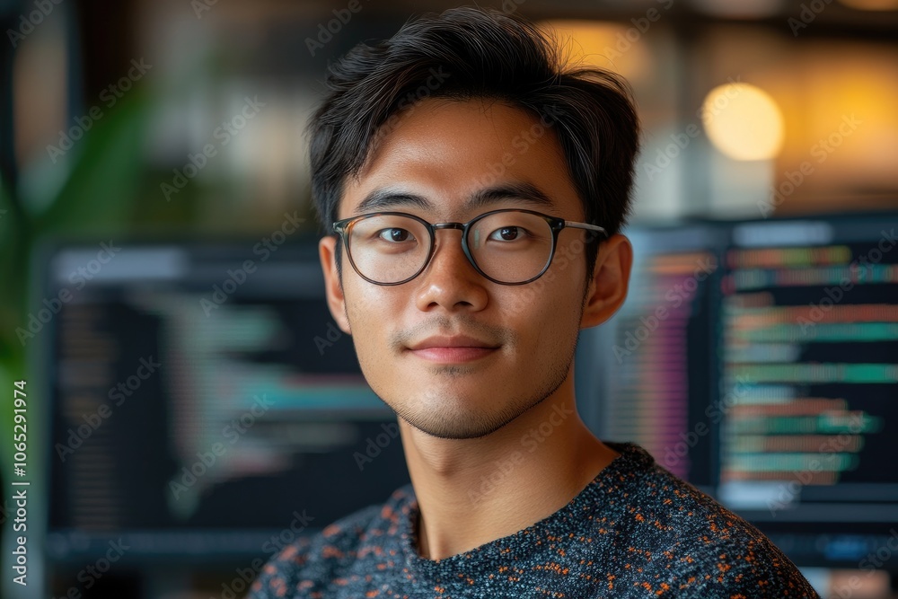 Leinwandbilder Young asian computer programmer smiling in office with code on screen