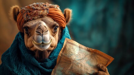 A camel dressed as an explorer examines an ancient map, wrapped in colorful fabric