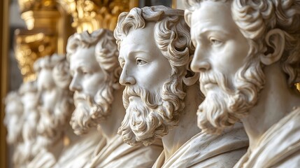 A close-up of classical marble busts showcasing detailed features and expressions.