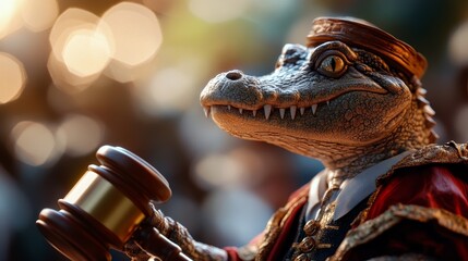 An alligator dressed as a judge holds a gavel, ready to preside over court in an elegant robe