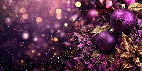 Elegant background with a blend of deep purple and gold holiday elements.