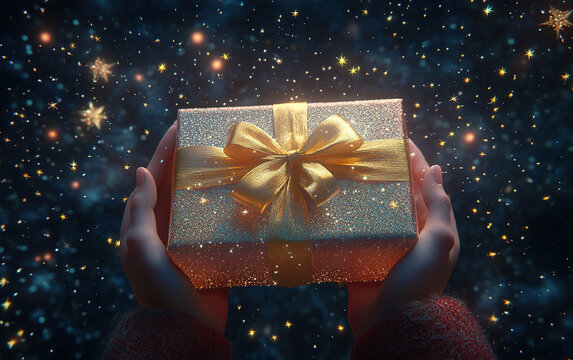 Magical Gift Box with Golden Ribbon in Starry Night