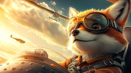 A confident fox in aviator goggles pilots an airplane through the clouds, embodying adventure and freedom