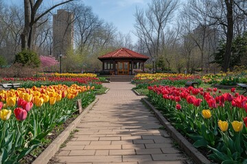 Fototapeta premium Brick path leading to gazebo surrounded by colorful tulips in spring bloom