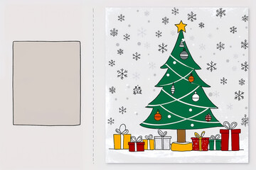 Naklejka premium Christmas Tree, Decorations and Gifts on with a minimalist snowflake background. Christmas scene capturing the magical holiday spirit, perfect for greeting cards or seasonal promotions