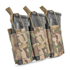 Military pouches in multicam camouflage with ammo magazines inside on white background. Military...
