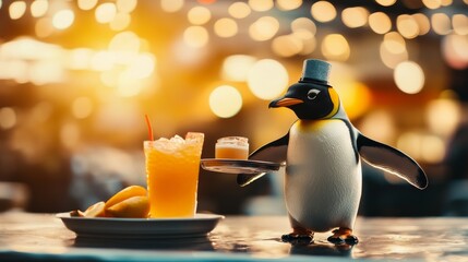 A penguin dressed as a waiter serving drinks in a lively setting with bokeh lights