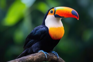 Fototapeta premium Red-breasted toucan perched on a branch in lush green tropical rainforest