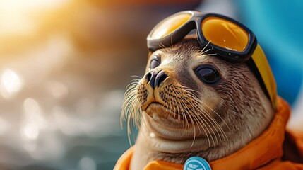 A cute seal wearing stylish sunglasses and a life vest basks in the sunlight, showcasing its playful side