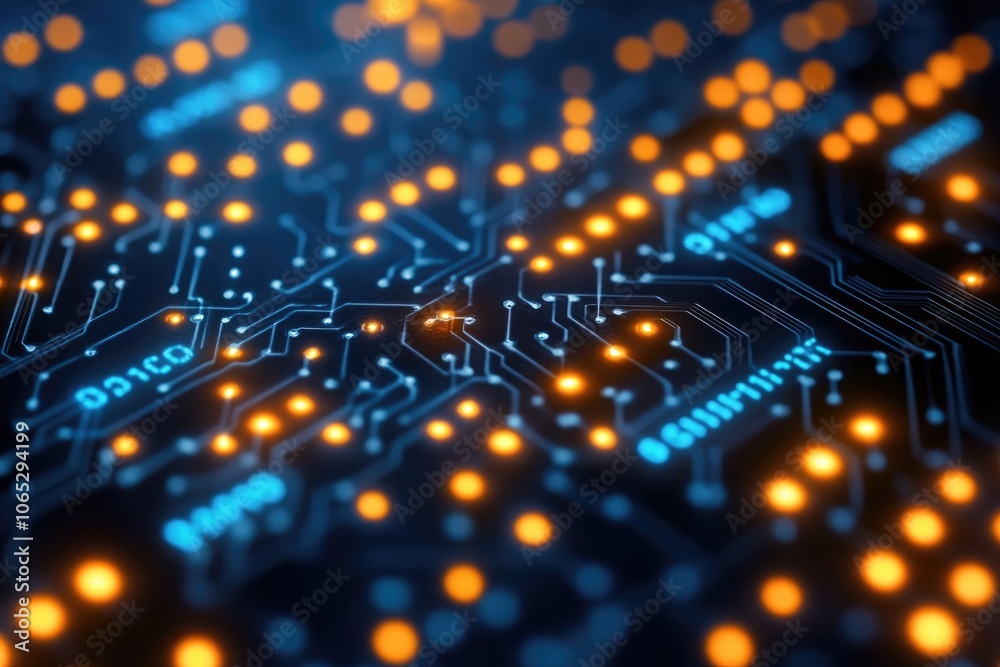 Fototapete Futuristic printed circuit board pulsating with data flow