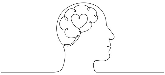 Human brain and heart inside head continuous line drawing. Rationality with emotions connection concept. Vector illustration isolated on white.
