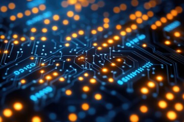 Obraz premium Futuristic printed circuit board pulsating with data flow