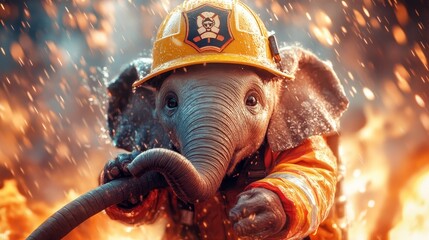 An adorable elephant in firefighter gear bravely tackling flames, highlighting courage and heroism